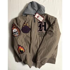 Ring of Fire Men’s Hooded Patched Bomber Jacket Satin Small. Lined COOL NWT!￼